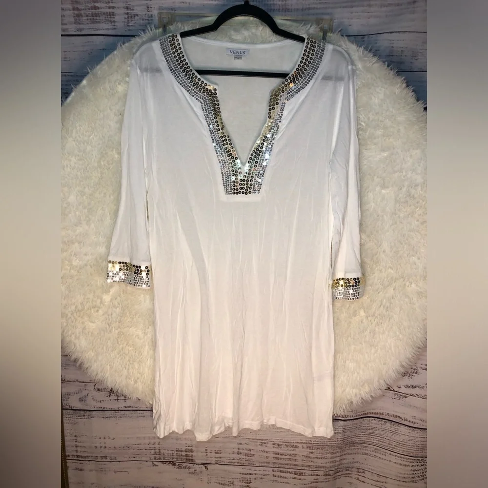 VENUS White Silver Embellished Tunic 3/4 Sleeve Medium NWOT - Picture 2 of 14